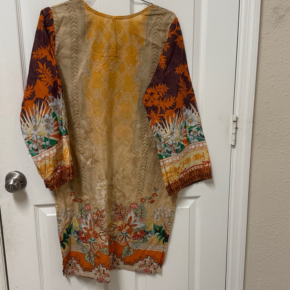 Pakistani Indian Floral Print Tunic Dress in Mustard and Brown - Picture 7 of 9